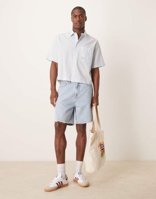 ASOS DESIGN boxy linen blend shirt with tonal chest embroidery in blue - Image 2