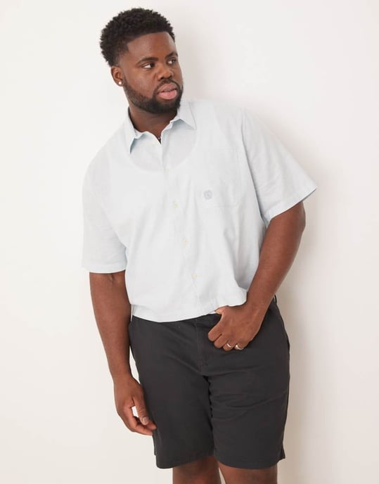 ASOS DESIGN boxy linen blend shirt with tonal chest embroidery in blue - Image 4