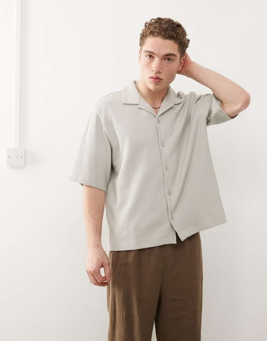 Weekday rib oversized resort short sleeve shirt in beige - Image 2