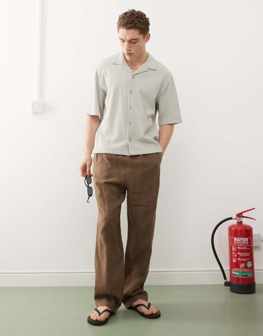 Weekday rib oversized resort short sleeve shirt in beige - Image 3