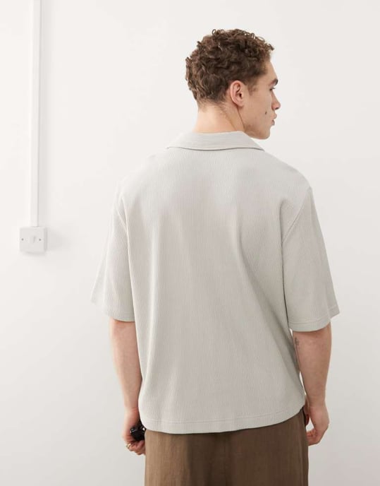 Weekday rib oversized resort short sleeve shirt in beige - Image 4