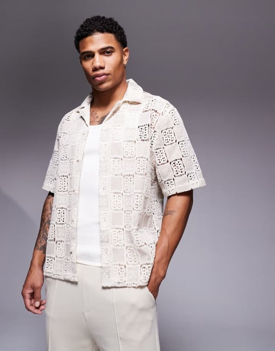 ASOS DESIGN boxy loose fit premium crochet shirt in neutral - Image 1