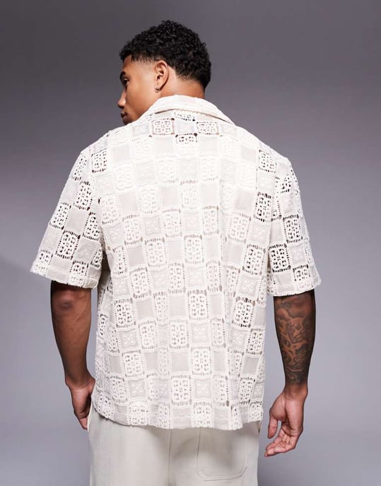 ASOS DESIGN boxy loose fit premium crochet shirt in neutral - Image 2