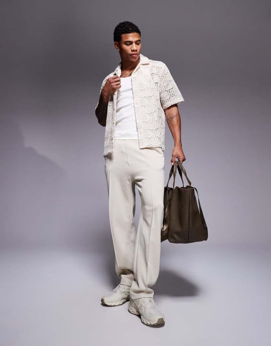 ASOS DESIGN boxy loose fit premium crochet shirt in neutral - Image 3