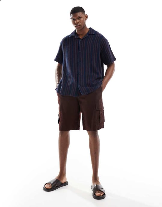 Wrangler Resort short sleeve relaxed woven stripe cotton dobby shirt in navy stripe - Image 4