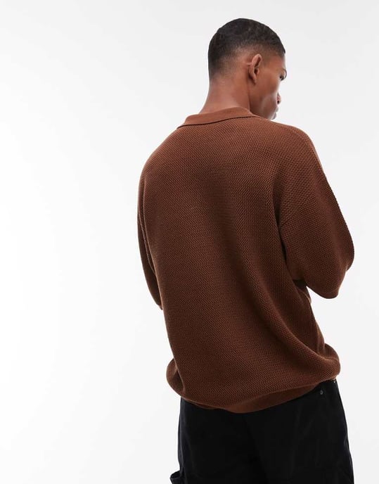 Topman avslappnad blommig appliké krage stickad skjorta i brunt - Image 4