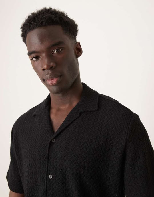 Selected textured revere collar shirt in black - Image 2
