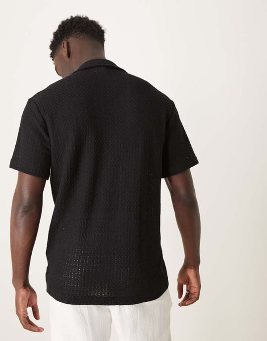 Selected textured revere collar shirt in black - Image 3