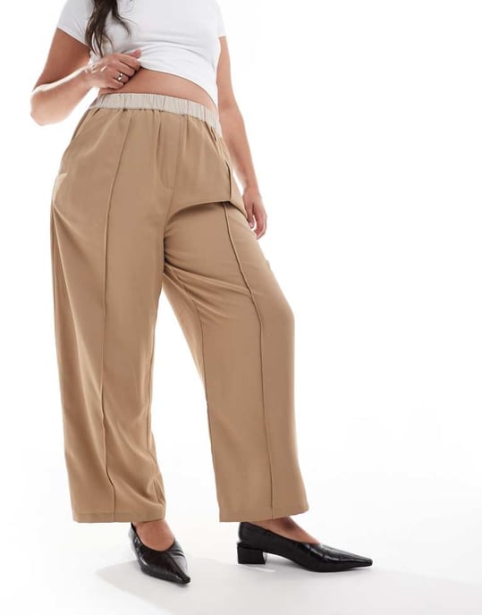 ASOS DESIGN Curve korta byxor med resår i midjan med kontrast i kamelfärg - Image 2