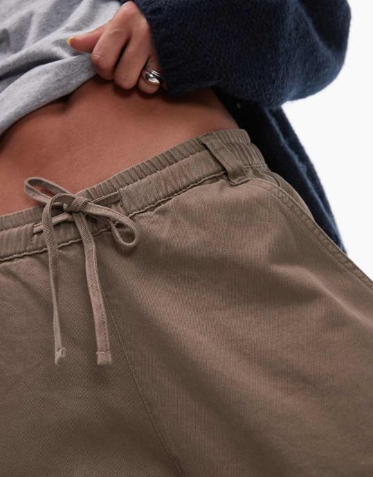 Topshop pull on tie waist trouser in khaki - Image 3
