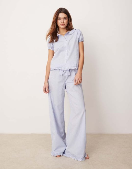 ASOS DESIGN lounge blus med Peter Pan-krage i blårandig koord - Image 2