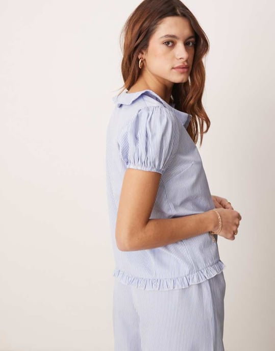 ASOS DESIGN lounge blus med Peter Pan-krage i blårandig koord - Image 4