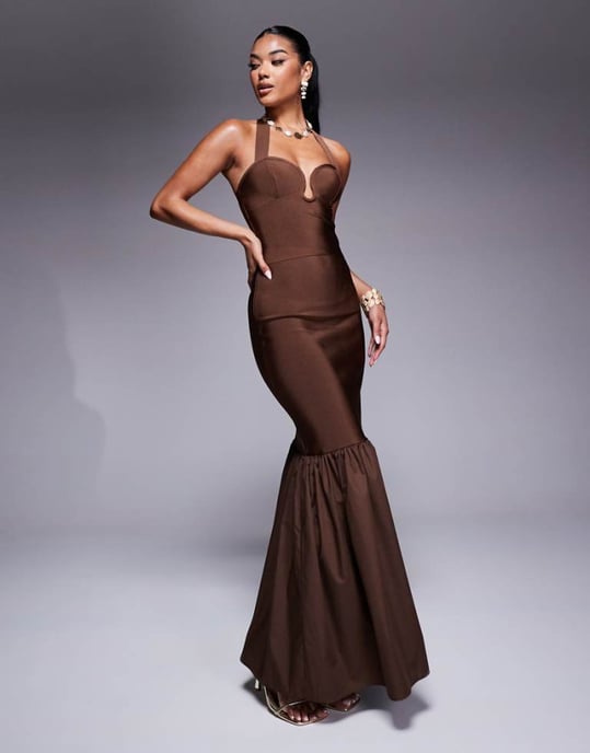 ASOS DESIGN co-ord bandage scoop detail halter neck top in chocolate - Image 1