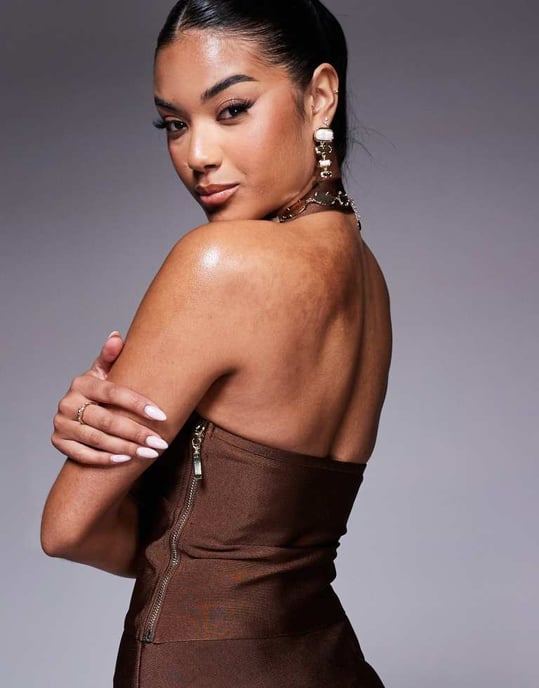 ASOS DESIGN co-ord bandage scoop detail halter neck top in chocolate - Image 3
