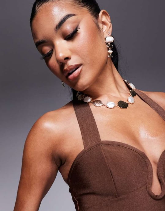 ASOS DESIGN co-ord bandage scoop detail halter neck top in chocolate - Image 4