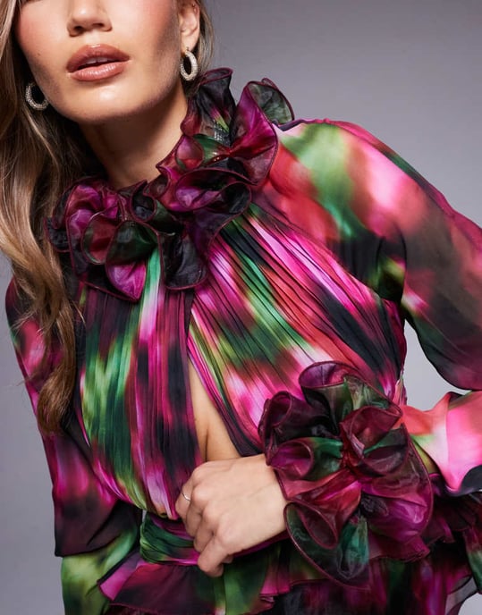 ASOS LUXE organza långärmad topp med överdrivna volanger i suddig blommönster - Image 4