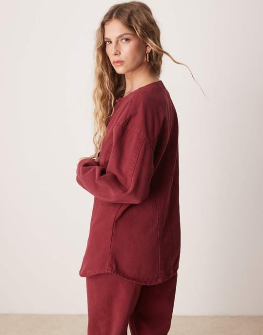 ASOS DESIGN denimskjorta med åtdragen midja i granatäpple - Image 3