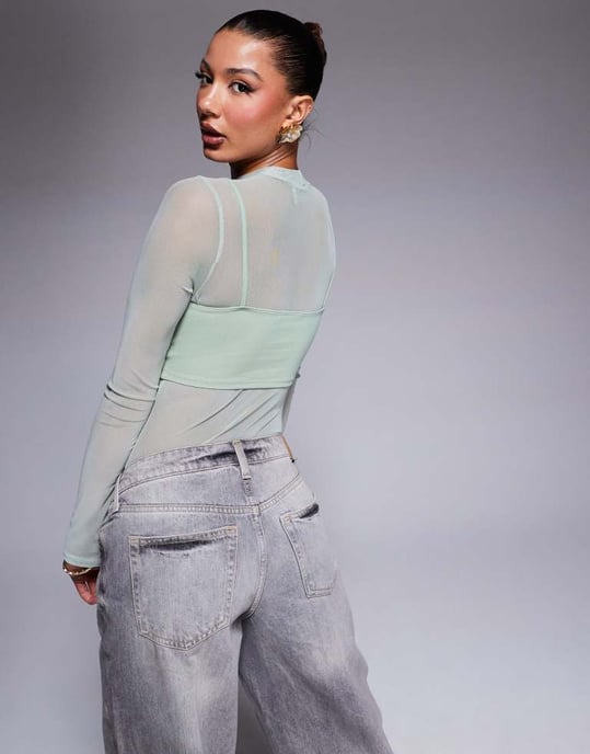 ASOS DESIGN lager av mesh bodysuit med djup urringning i salviagrön - Image 3