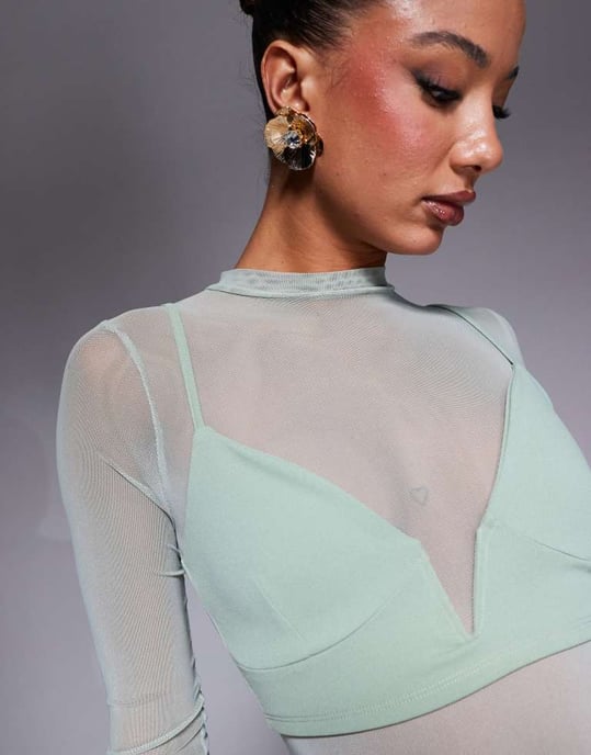 ASOS DESIGN lager av mesh bodysuit med djup urringning i salviagrön - Image 4