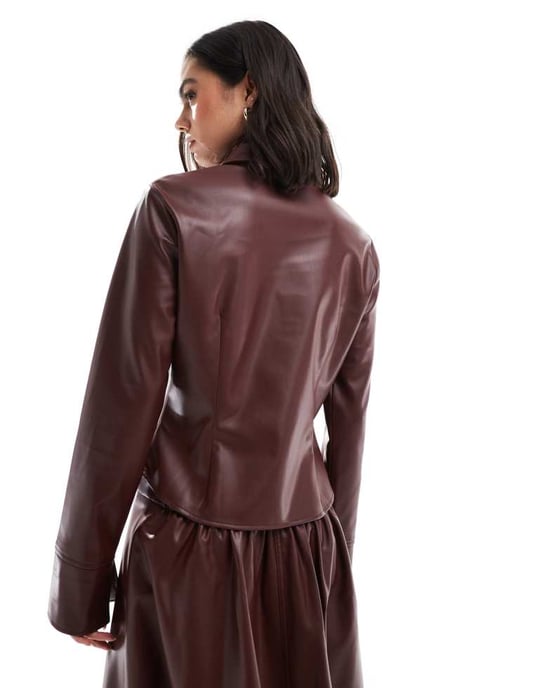 ASOS DESIGN faux leather fitted shirt in burgundy - Image 2