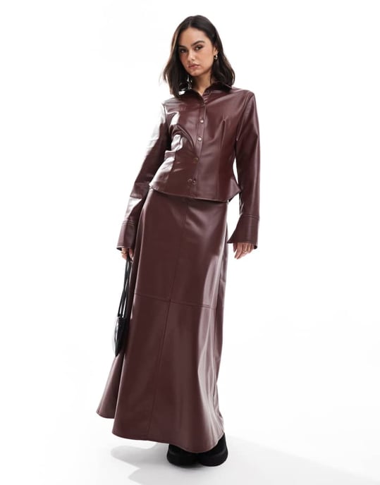 ASOS DESIGN faux leather fitted shirt in burgundy - Image 4