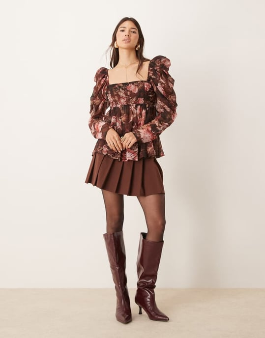 ASOS DESIGN fyrkantig halsringning flytande chiffong långärmad topp med blommönster - Image 3