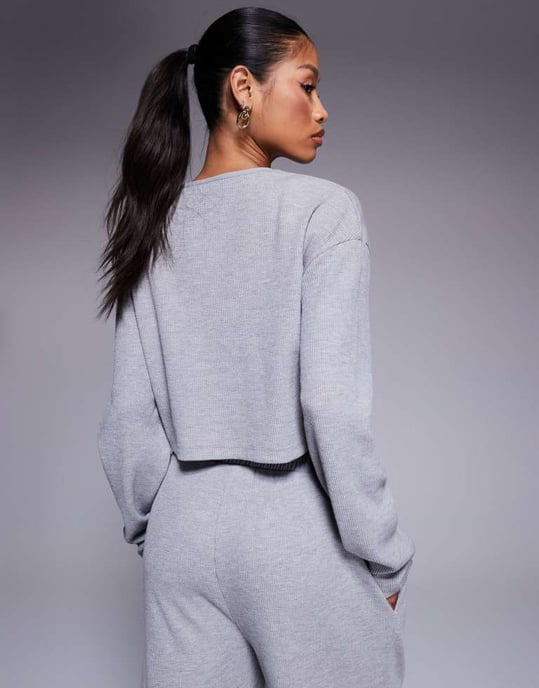 Weekend Collective koord våfflad knapp topp med nylon i gråmelerad - Image 2