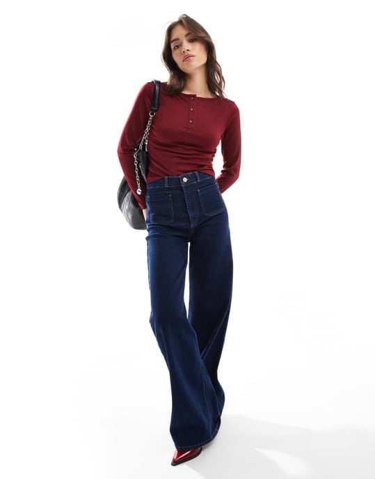 ASOS DESIGN tunn mesh henley långärmad topp i vinröd - Image 2