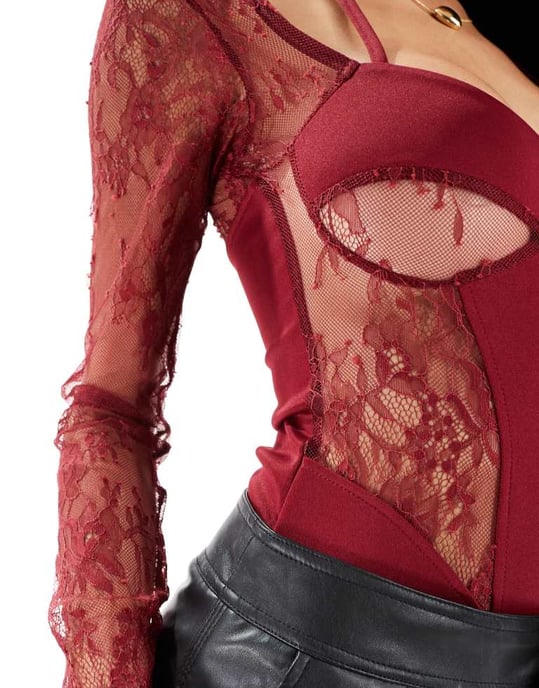 ASOS DESIGN bodysuit med spetsinsats och shrug-detalj i burgundy - Image 3