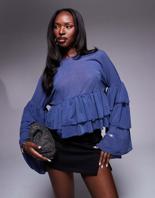 ASOS DESIGN semi sheer extreme ruffle sleeve top in blue - Image 1