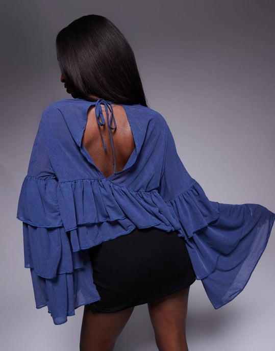 ASOS DESIGN semi sheer extreme ruffle sleeve top in blue - Image 2
