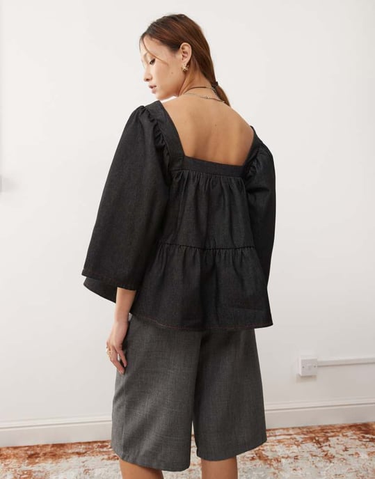 COLLUSION denimballongärmad peplumtop i tvättad denim - Image 3