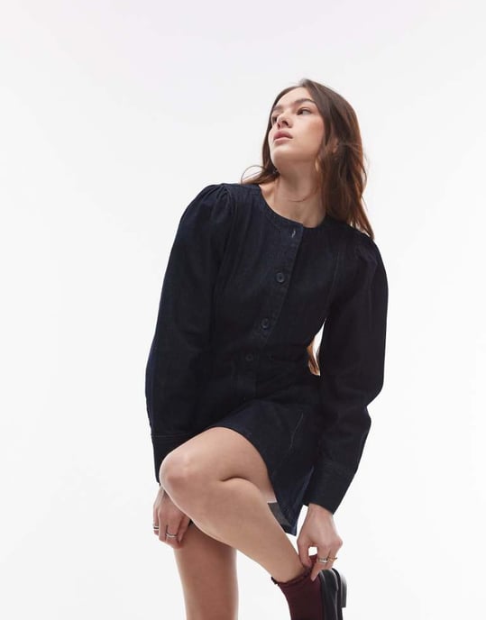 Topshop denimknappad långärmad topp i indigo - Image 1