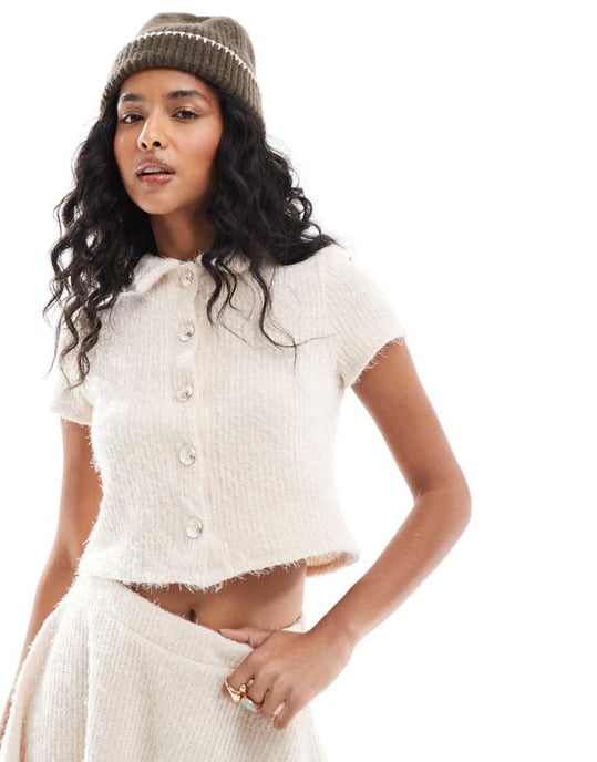 ASOS DESIGN koord mjuk kortärmad cardigan i krämfärgad - Image 1