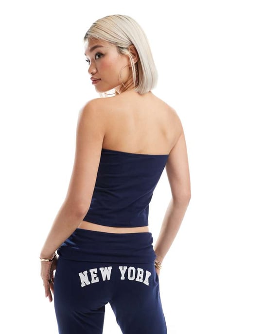 ASOS DESIGN bandeau-top set med New York-grafik i marinblått - Image 4