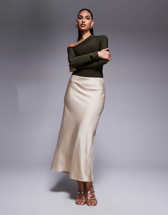 Kaiia exclusive double layered slinky off shoulder long sleeve top in khaki - Image 2