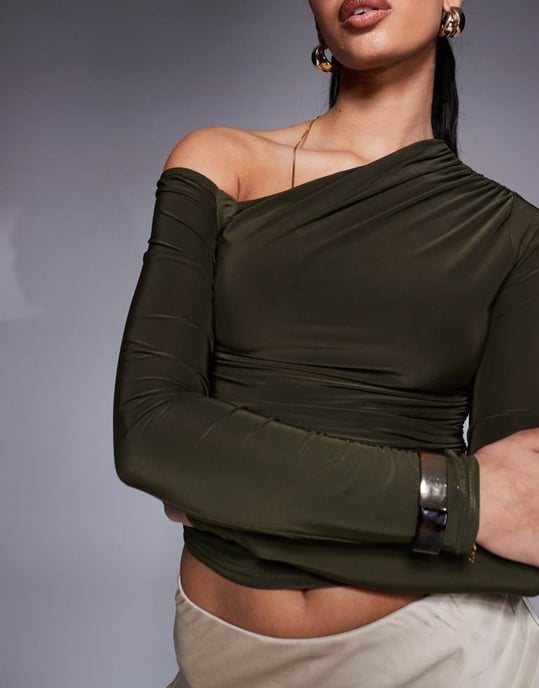 Kaiia exclusive double layered slinky off shoulder long sleeve top in khaki - Image 3