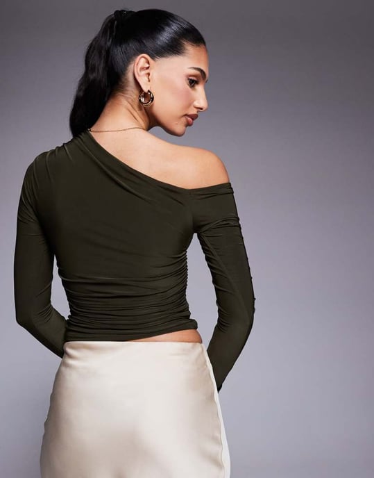 Kaiia exclusive double layered slinky off shoulder long sleeve top in khaki - Image 4