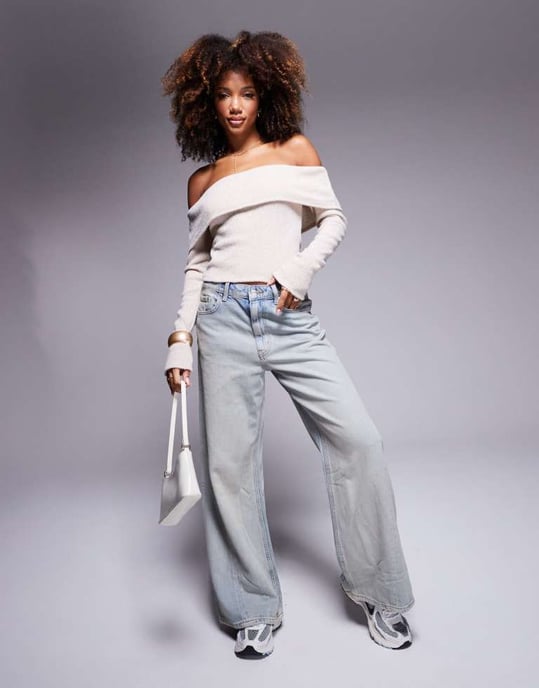 ASOS DESIGN off shoulder borstad ribbad vik över topp i sten - Image 3