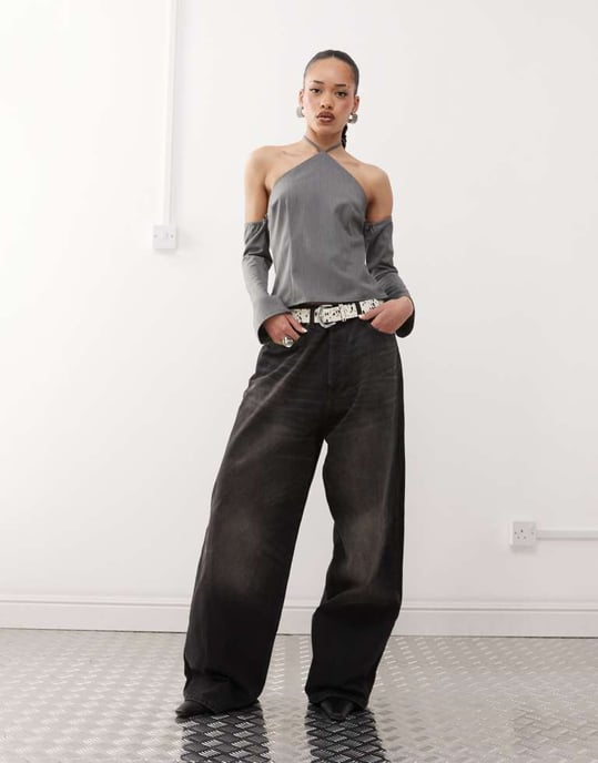 Labelrail x Jennifer McKing tailored halter long sleeve top in school grey - Image 2