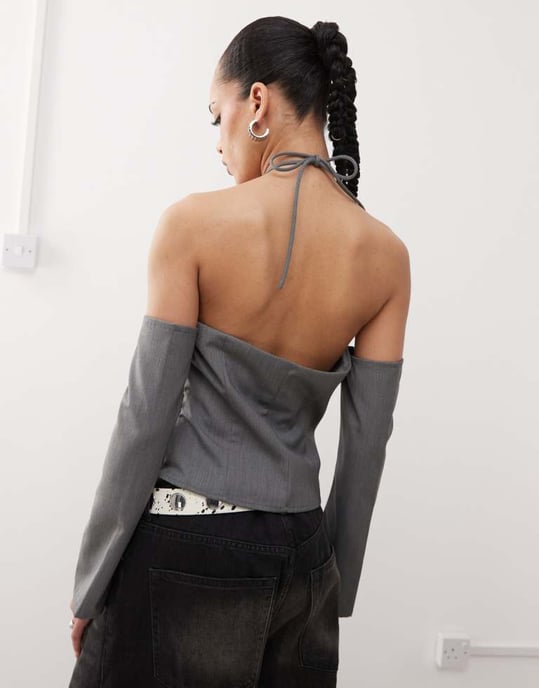 Labelrail x Jennifer McKing tailored halter long sleeve top in school grey - Image 3