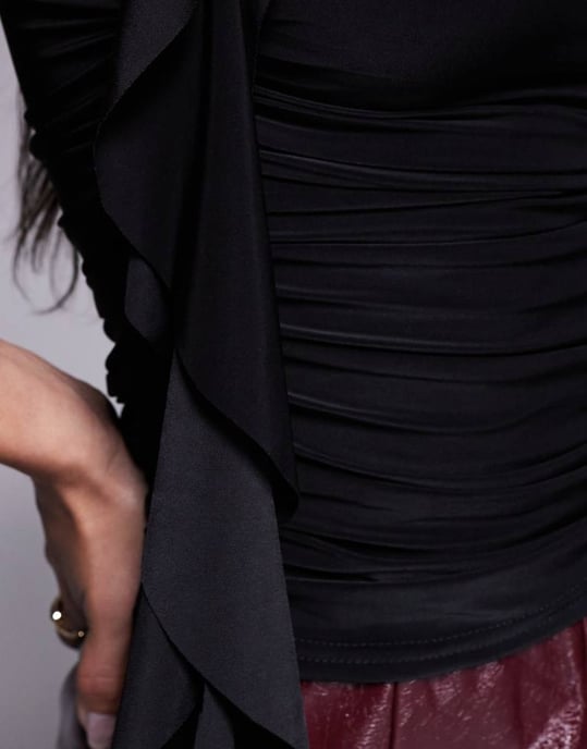 Kaiia exclusive double layered slinky ruched drape detail sleeveless top in black - Image 2