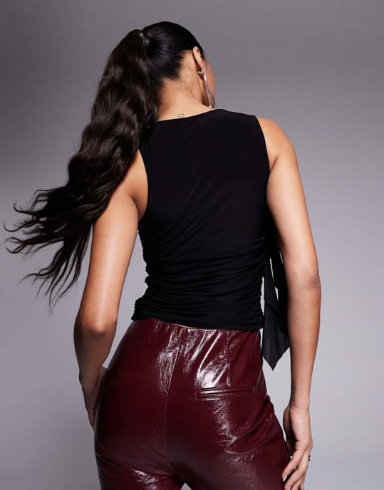 Kaiia exclusive double layered slinky ruched drape detail sleeveless top in black - Image 3