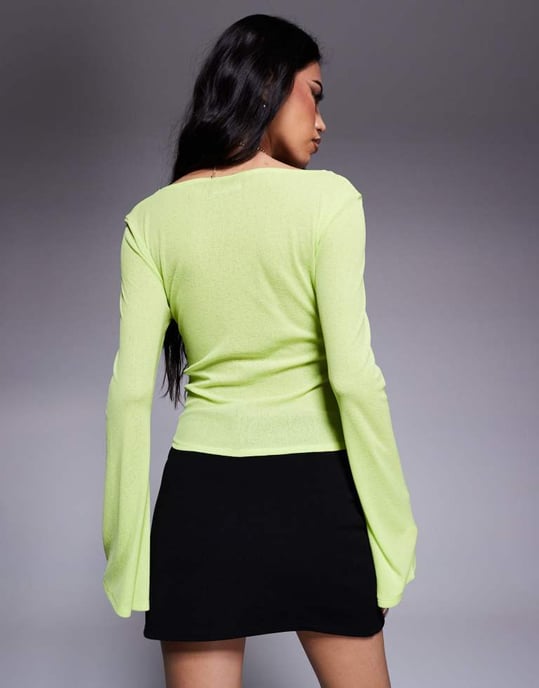 ASOS DESIGN mesh djup v-ringad topp med rynkad mittdel i lime - Image 3