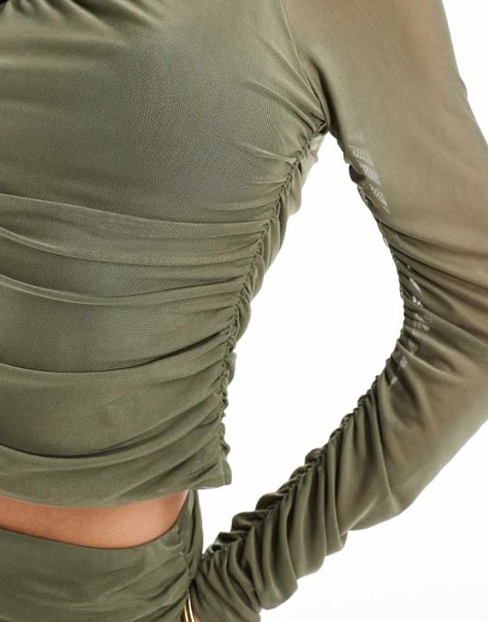 ASOS DESIGN koord mesh långärmad rynkad topp i khaki - Image 3