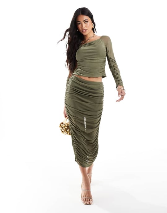 ASOS DESIGN koord mesh långärmad rynkad topp i khaki - Image 4