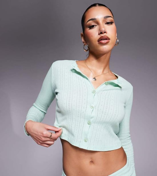 Kaiia exclusive cotton rich pointelle button through pyjama top co-ord in mint - Image 1