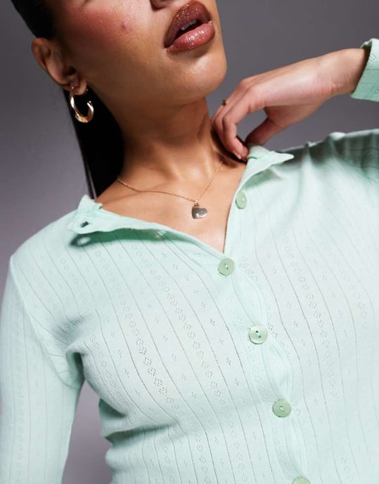 Kaiia exclusive cotton rich pointelle button through pyjama top co-ord in mint - Image 4