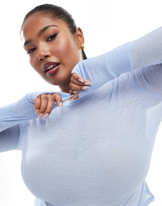 ASOS DESIGN Curve mesh ribbad crew-neck baslager topp i ljusblått - Image 4