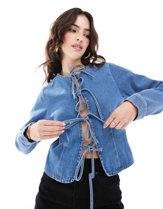 ASOS DESIGN denim long sleeve tie front top in mid blue - Image 1
